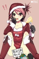 Rule 34 | !, !!, 1girl, blush, boots, brown eyes, bulkhead, cake, censored, christmas, coat, eating, food, gloves, hat, miko nakadai, multicolored hair, novelty censor, open mouth, recording, santa hat, transformers, transformers prime, translated, twintails