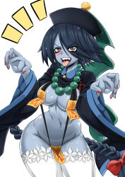 Rule 34 | 1girl, absurdres, areola slip, bikini, blue skin, braid, chinese clothes, cici (monster musume), colored skin, hat, highres, jewelry, jiangshi, long hair, monster girl, monster musume no iru nichijou, nail polish, necklace, pearl necklace, red nails, sharp teeth, shiishii, simple background, smile, solo, string bikini, teeth, thick thighs, thighs, tongue, tongue out, virusotaku, white background