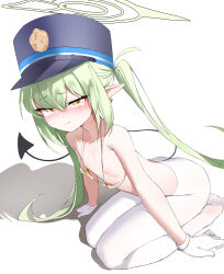Rule 34 | 1girl, absurdres, ass, blue archive, blush, breasts, closed mouth, demon girl, demon tail, full body, gloves, green hair, green halo, hair between eyes, halo, hat, highres, kneeling, long hair, looking at viewer, nipples, no shoes, nozomi (blue archive), pantyhose, pointy ears, shadow, silday, simple background, sitting, small breasts, solo, tail, tears, topless, very long hair, white background, white gloves, white pantyhose, yellow eyes