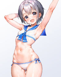 Rule 34 | 1girl, arm behind head, arm up, armpits, bikini, blue bow, blue neckerchief, blue sailor collar, blush, bow, breasts, cowboy shot, gluteal fold, grey background, grey eyes, grey hair, hair between eyes, highres, idolmaster, idolmaster cinderella girls, looking at viewer, navel, neckerchief, open mouth, otokura yuuki, qianlou (qianlou12374), sailor bikini, sailor collar, sailor swimsuit (idolmaster), short hair, sidelocks, small breasts, smile, solo, stomach, swimsuit, thighs, white bikini