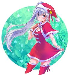 Rule 34 | 1girl, blue eyes, capelet, christmas, dress, fur trim, hat, highres, iesupa, jewelry, long hair, pendant, ponytail, red dress, red thighhighs, rwby, santa costume, santa hat, scar, scar across eye, scar on face, side ponytail, solo, thighhighs, weiss schnee, white hair
