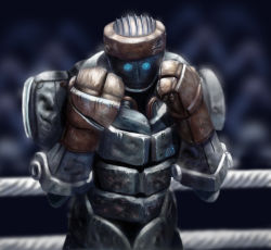Rule 34 | 1boy, atom (real steel), billy christian, blue eyes, boxing, boxing ring, fighting stance, highres, humanoid robot, male focus, mecha, real steel, realistic, robot, science fiction, solo