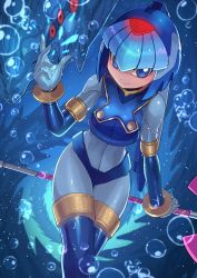 Rule 34 | 1girl, android, arm support, blue eyes, blush, bodysuit, bracelet, bubble, capcom, crossed legs, dragon, extra eyes, from above, gloves, helmet, highres, ice dragon, inti creates, jewelry, fairy leviathan (mega man), looking to the side, mega man (series), mega man zero (series), red eyes, shiny clothes, sitting, sitting on object, smile, solo, solo focus, tesshii (riza4828), underwater, water, weapon, white gloves