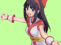 Rule 34 | 1girl, ainu clothes, black hair, blue eyes, breasts, fingerless gloves, gloves, hair ribbon, highres, long hair, looking at viewer, medium breasts, nakoruru, open mouth, outstretched arms, ribbon, samurai spirits, smile, snk, solo, the king of fighters, the king of fighters xv