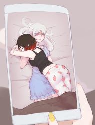 Rule 34 | 3girls, blanket, cellphone, hiwonoafu, lying, multiple girls, nail polish, nightgown, on stomach, pajamas, phone, ruby rose, rwby, scroll (rwby), sleeping, sleeping on person, sleepwear, smartphone, taking picture, tank top, weiss schnee, yang xiao long, yellow nails