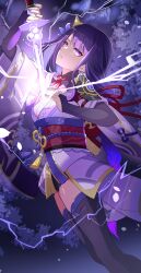 Rule 34 | 1girl, absurdres, armor, black thighhighs, blunt bangs, blurry, bow, braid, breasts, bridal gauntlets, cleavage, commentary request, depth of field, genshin impact, gradient hair, hair ornament, head tilt, highres, holding, holding sword, holding weapon, human scabbard, itsumiruka, japanese clothes, kimono, lightning, long hair, long sleeves, looking at viewer, low ponytail, medium breasts, mitsudomoe (shape), multicolored hair, obi, obiage, parted lips, purple eyes, purple hair, raiden shogun, sash, short kimono, shoulder armor, sidelocks, single braid, solo, sword, thighhighs, tomoe (symbol), two-tone hair, vision (genshin impact), weapon, wide sleeves, zettai ryouiki