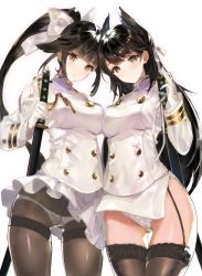 Rule 34 | 2girls, absurdres, aiguillette, animal ears, asymmetrical docking, atago (azur lane), azur lane, black hair, black legwear, blunt bangs, blush, breast press, breasts, buttons, closed mouth, crotch seam, double-breasted, garter straps, gloves, gluteal fold, highres, hitaki yuu, large breasts, long sleeves, looking at viewer, military, military uniform, miniskirt, multiple girls, panties, panties under pantyhose, pantyhose, pantyshot, parted lips, pleated skirt, ponytail, sheath, sheathed, side slit, sidelocks, simple background, skirt, smile, standing, sword, takao (azur lane), thighband pantyhose, thighs, underwear, uniform, upskirt, weapon, white background, white gloves, white skirt, yellow eyes
