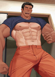 Rule 34 | 1boy, abs, bara, bare pectorals, black hair, black shirt, closed eyes, clothes lift, dainyuu (dgls), highres, large pectorals, male focus, muscular, muscular male, navel, nipples, open mouth, orange pants, original, pants, pectorals, shirt, shirt lift, short hair, solo, sun tanned, tan