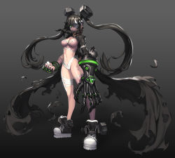 Rule 34 | 1girl, asymmetrical sleeves, bad id, bad pixiv id, bandage over one eye, bandeau, black hair, bolt, breasts, cleavage, frankenstein&#039;s monster, full body, gauntlets, green eyes, headgear, high collar, legendwarrior, long hair, looking at viewer, medium breasts, original, panties, parted lips, pink thighhighs, revealing clothes, shoes, single thighhigh, sneakers, solo, standing, stitches, thighhighs, twintails, underwear, uneven sleeves, very long hair, white panties