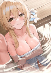 Rule 34 | 1boy, 1girl, ayul (ayulneri 92), blonde hair, blush, breasts, cleavage, closed mouth, collarbone, flower, genshin impact, highres, large breasts, lumine (genshin impact), medium hair, naked towel, onsen, partially submerged, smile, solo focus, towel, water, wet, white towel, yellow eyes