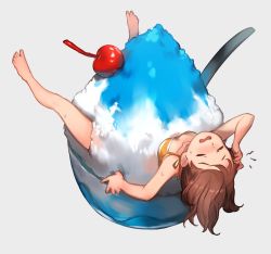 Rule 34 | 1girl, barefoot, brain freeze, breasts, brown hair, character request, cherry, collarbone, commentary, copyright request, closed eyes, food, fruit, full body, grey background, hand on own head, in food, lee hyeseung, long hair, open mouth, shaved ice, simple background, small breasts, solo, wavy mouth
