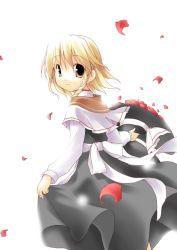 Rule 34 | 1girl, back, black dress, black hat, blonde hair, bow, braid, capelet, closed mouth, dress, eyebrows, female focus, from behind, hat, hat bow, hat ribbon, holding, holding clothes, holding hat, kirisame marisa, long sleeves, looking at viewer, looking back, petals, ribbon, short hair, single braid, skirt hold, smile, solo, toto nemigi, touhou, unworn hat, unworn headwear, white background, white bow, white ribbon, witch hat, yellow eyes