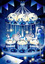 Rule 34 | absurdres, artist name, balloon, blue theme, carousel, champagne flute, crown, cup, cupcake, dessert, drinking glass, envelope, food, gem, glass, highres, hitoba, horse, icing, macaron, no humans, original, pearl (gemstone), reflection, sprinkles, star (symbol), starry background, still life, string of flags, striped, sweets, tiered tray, wax seal