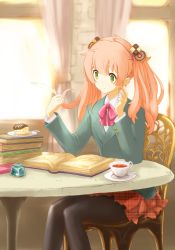 Rule 34 | 10s, 1girl, alternate hairstyle, black pantyhose, blazer, book, cake, chair, checkerboard cookie, cookie, cup, doughnut, food, food-themed hair ornament, green eyes, hair ornament, highres, inkwell, iracco, jacket, jinrui wa suitai shimashita, long hair, pantyhose, pink hair, plate, quill, revision, school uniform, sitting, solo, table, tea, teacup, twintails, unmoving pattern, watashi (jintai)