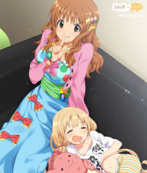 Rule 34 | 10s, 2girls, = =, bike shorts, blonde hair, blush, brown eyes, brown hair, clothes lift, clothes writing, commentary request, couch, dress, drooling, finger to mouth, futaba anzu, hair ornament, hand under clothes, hand under shirt, idolmaster, idolmaster cinderella girls, jewelry, lifting own clothes, long hair, low twintails, lying, midriff, mizuki makoto, moroboshi kirari, multiple girls, navel, open mouth, shirt, shirt lift, smile, star (symbol), star hair ornament, striped bike shorts, striped clothes, stuffed animal, stuffed rabbit, stuffed toy, t-shirt, twintails, wavy mouth