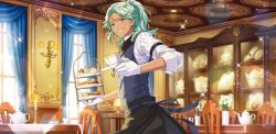 Rule 34 | 1boy, afterl!fe, butler, candlestand, dark-skinned male, dark skin, day (afterl!fe), gloves, green eyes, green hair, highres, holding, holding plate, holding tiered tray, long hair, looking at viewer, male focus, official art, plate, second-party source, solo, sweatdrop, teeth, tiered tray