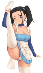 Rule 34 | 1girl, apron, black hair, blue dragon, blue dress, bouquet (blue dragon), breasts, cameltoe, choker, cleavage, cleft of venus, detached sleeves, dress, large breasts, maid apron, panties, purple eyes, solo, split, standing, standing on one leg, standing split, thighhighs, twintails, underwear, white panties, white thighhighs