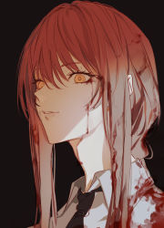 Rule 34 | 1girl, absurdres, black background, black necktie, blood, blood in hair, blood on clothes, blood on face, braid, braided ponytail, chainsaw man, collared shirt, english text, hair between eyes, highres, looking at viewer, makima (chainsaw man), matsunaga777, necktie, parted lips, portrait, red hair, ringed eyes, shirt, sidelocks, simple background, solo, white shirt