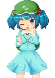 Rule 34 | 1girl, akanbe, backpack, bag, blue eyes, blue hair, chikuwa (inanogi), clenched hand, eyelid pull, hair bobbles, hair ornament, hand on own face, hat, highres, kawashiro nitori, key, looking at viewer, matching hair/eyes, one eye closed, short hair, simple background, skirt, skirt set, solo, tongue, tongue out, touhou, twintails, two side up, white background, wink
