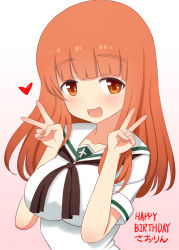 Rule 34 | 10s, 1girl, blouse, blunt bangs, blush, breasts, character name, commentary, double v, girls und panzer, happy birthday, heart, kemu (guruguru dan), large breasts, long hair, long sleeves, looking at viewer, neckerchief, ooarai school uniform, open mouth, orange eyes, orange hair, school uniform, serafuku, shirt, smile, solo, standing, takebe saori, translated, upper body, v, white shirt