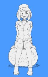 Rule 34 | 1girl, :d, arm support, blue background, blush, boku no hero academia, breasts, collar, commentary, dress, fangs, full body, hat, highres, large breasts, looking at viewer, monochrome, nurse, open mouth, panties, pantyhose, pumpkin, shoes, short dress, short hair, short sleeves, simple background, sitting, smile, solo, suoiresnu, underwear, uraraka ochako