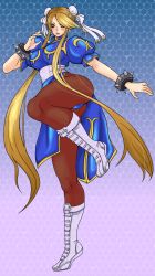 Rule 34 | 1girl, ass, blonde hair, blue dress, blush, boots, bracelet, breasts, bun cover, capcom, china dress, chinese clothes, chun-li, chun-li (cosplay), commentary, cosplay, cross-laced footwear, dress, earrings, fighting stance, full body, gold trim, gradient background, jewelry, kasuga (sengoku basara), lace-up boots, long hair, pantyhose, pelvic curtain, puffy short sleeves, puffy sleeves, sakkun, sash, sengoku basara, short sleeves, solo, spiked bracelet, spikes, street fighter, thighs, white footwear, yellow eyes