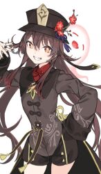 Rule 34 | 1girl, black nails, boo tao (genshin impact), brown coat, brown hair, brown hat, brown shorts, coat, cowboy shot, flower, genshin impact, ghost, grin, haimura kiyotaka, hand on own hip, hand up, hat, hat flower, hat tassel, highres, hu tao (genshin impact), long sleeves, looking at viewer, orange eyes, shorts, simple background, smile, solo, twintails, white background