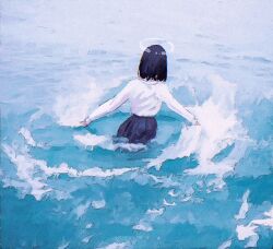Rule 34 | 1girl, black hair, black skirt, facing away, from behind, halo, highres, long sleeves, medium hair, ocean, original, outstretched arms, partially submerged, pleated skirt, ponta (matsuokazieg), school uniform, shirt, short hair, skirt, solo, water, waves, white halo, white shirt