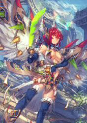 Rule 34 | 1girl, absurdres, angel wings, bare shoulders, blade, blue gloves, blue thighhighs, breasts, cleavage, cowboy shot, dual wielding, elbow gloves, fantasy, gloves, halo, head wings, highres, holding, large breasts, looking at viewer, melon22, navel, original, red eyes, red hair, short hair, smile, solo, thighhighs, wing ornament, wings