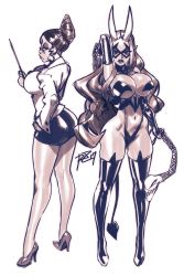 Rule 34 | 2017, 2girls, ass, boots, breasts, d. violet (skullgirls), demon tail, domino mask, dual persona, glasses, hair bun, hand on own hip, high heels, highres, horns, large breasts, latex, long hair, mask, monochrome, mrs. victoria (skullgirls), multiple girls, navel, oni horns, pointy ears, revealing clothes, robaato, single hair bun, skirt, skullgirls, tail, thigh boots, thighhighs, whip