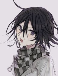 Rule 34 | 1boy, absurdres, black hair, black jacket, blush, checkered clothes, checkered neckwear, checkered scarf, commentary request, danganronpa (series), danganronpa v3: killing harmony, flipped hair, grey background, grey jacket, hair between eyes, highres, jacket, looking at viewer, male focus, messy hair, nyatoruhu, open mouth, oma kokichi, purple eyes, scarf, simple background, solo, straitjacket, teeth, upper body, upper teeth only