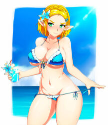 Rule 34 | 1girl, bikini, bikini pull, blonde hair, blush, braid, breasts, cleavage, clothes pull, cup, day, drink, drinking glass, drinking straw, elf, flower, flower on head, frilled bikini, frills, green eyes, large breasts, looking at viewer, navel, nintendo, pointy ears, princess zelda, shiny skin, sidelocks, sky, smile, standing, swimsuit, the legend of zelda, the legend of zelda: tears of the kingdom, thighs, triforce, water