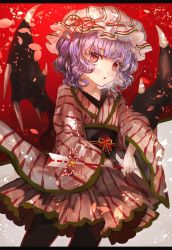 Rule 34 | 1girl, alternate costume, arrow (projectile), bat wings, black pantyhose, commentary request, contrapposto, grey background, hamaya, hat, head tilt, highres, holding, japanese clothes, kimono, letterboxed, light purple hair, long sleeves, looking at viewer, majamari, mob cap, obi, open mouth, pantyhose, red background, red eyes, remilia scarlet, sash, short hair, solo, striped clothes, striped headwear, striped kimono, touhou, two-tone background, wide sleeves, wings