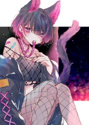 Rule 34 | 1girl, 2022, absurdres, animal ears, bare shoulders, belt, black hair, cat ears, cat girl, cat tail, clothes in mouth, fishnet pantyhose, fishnets, hair between eyes, highres, indie virtual youtuber, kitasenju chihiro, knees up, light purple hair, looking at viewer, multicolored hair, necon1, open mouth, pantyhose, purple eyes, sitting, solo, tail, virtual youtuber