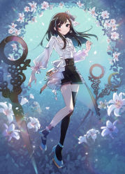 Rule 34 | 1girl, absurdres, asymmetrical legwear, black bow, black hair, black shorts, blue footwear, bow, center frills, closed mouth, commentary request, flower, frills, full body, green eyes, hair bow, hanabasami kyou, hand up, high heels, highres, long hair, long sleeves, looking at viewer, nou (nounknown), puffy long sleeves, puffy sleeves, re:act, scissors, see-through, see-through sleeves, shoes, short shorts, shorts, single sock, single thighhigh, smile, socks, solo, thighhighs, virtual youtuber, white flower