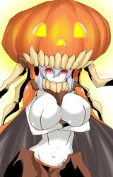 Rule 34 | 10s, 1girl, abyssal ship, alternate headwear, aoiakira553, bodysuit, breast hold, breasts, cape, colored skin, covered navel, expressionless, glowing, glowing eyes, halloween, halloween costume, headgear, huge breasts, jack-o&#039;-lantern, kantai collection, long hair, looking at viewer, pale skin, red eyes, silver hair, solo, teeth, tentacles, white skin, wo-class aircraft carrier