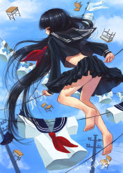 Rule 34 | 10s, 1girl, 2011, barefoot, black hair, chair, clothesline, crop top, dated, day, from behind, from below, looking back, mahou shoujo madoka magica, mahou shoujo madoka magica (anime), midriff, patricia (madoka magica), personification, power lines, sanmi tenten, school uniform, serafuku, signature, soles, solo, toes, utility pole