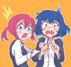 Rule 34 | 2girls, ^^^, blue eyes, blue hair, blush, collared shirt, commentary, english commentary, hcnone, holding another&#039;s arm, looking at viewer, multiple girls, open mouth, orange background, original, pixel art, red eyes, red hair, scared, shirt, short hair, simple background, skye (hcnone), surprised, sweatdrop, upper body, wide-eyed