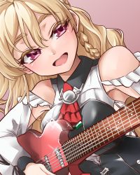 Rule 34 | 1girl, ascot, bare shoulders, blonde hair, bodice, braid, commentary request, electric guitar, french braid, guitar, instrument, kantai collection, long hair, looking at viewer, lowres, red ascot, shirt, solo, udukikosuke, upper body, wavy hair, white shirt, zara (kancolle), zara due (kancolle)