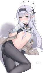 Rule 34 | 1girl, absurdres, ass, bad anatomy, black gloves, black hairband, black pantyhose, blue archive, blush, feet out of frame, flat chest, flower, flying sweatdrops, gloves, grey hair, grey halo, hair flower, hair ornament, hair tubes, hairband, halo, highres, himari (blue archive), jacket, long hair, looking at viewer, mole, mole under eye, motion lines, nipples, pantyhose, parted lips, pointy ears, purple eyes, solo, white flower, white jacket, zino zinuo
