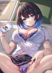 Rule 34 | 1girl, black hair, blue eyes, blue hair, bra, breasts, cellphone, chalkboard, cleavage, collarbone, commentary request, gomashio ponz, gradient hair, hair ornament, hairclip, holding, holding phone, indoors, lace, lace-trimmed bra, lace trim, large breasts, looking at viewer, multicolored hair, original, panties, parted lips, phone, pleated skirt, purple bra, purple panties, school uniform, shirt, short sleeves, skirt, smartphone, solo, spread legs, squatting, thighs, two-tone hair, underwear, uniform, white shirt