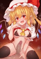Rule 34 | 1boy, 1girl, :d, aged up, bikini, black bikini, blonde hair, breasts, censored, cowgirl position, crystal, fangs, flandre scarlet, hat, hetero, highres, imminent penetration, looking at viewer, medium breasts, mob cap, mosaic censoring, navel, open mouth, penis, pointy ears, red eyes, sex, side ponytail, smile, straddling, sweat, swimsuit, tksand, touhou, wings