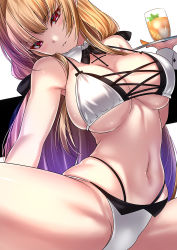 Rule 34 | 1girl, akeyama kitsune, azur lane, bikini, black bow, black bowtie, blonde hair, blush, bow, bowtie, breasts, cleavage, closed mouth, holding, holding tray, large breasts, long hair, looking at viewer, maid, maid bikini, mole, mole under mouth, navel, official alternate costume, parted lips, purple eyes, sitting, solo, swiftsure (azur lane), swiftsure (midsummer special service) (azur lane), swimsuit, tray, unconventional maid, white bikini