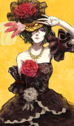 Rule 34 | 1girl, bad id, bad pixiv id, black dress, curly hair, dress, flower, green hair, jewelry, lipstick, makeup, mask, necklace, original, pale skin, red eyes, rose, short hair, total