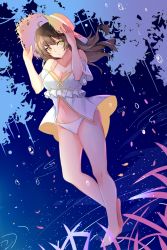 Rule 34 | 1girl, :/, ahoge, babydoll, bare legs, bare shoulders, barefoot, breasts, brown hair, cleavage, closed mouth, collarbone, detached sleeves, frills, full body, hands on headwear, hands up, hat, highres, long hair, looking at viewer, muko (kokia38), navel, original, panties, ripples, short sleeves, solo, spaghetti strap, standing, standing on liquid, stomach, straw hat, underwear, underwear only, water, water drop, white panties, yellow eyes, yellow hat