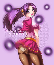 Rule 34 | 1girl, :o, asamiya athena, ass, bad id, bad pixiv id, blush, brown pantyhose, character name, copyright name, crotch seam, dress, female focus, hair ornament, hairband, king of fighters 97, long hair, looking back, open mouth, panties, panties under pantyhose, pantyhose, pantyshot, pinyshi, purple background, purple eyes, purple hair, red dress, red skirt, skirt, snk, solo, star (symbol), star hair ornament, surprised, sweat, the king of fighters, the king of fighters &#039;97, underwear, upskirt, vest