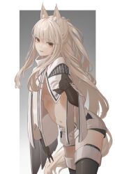 Rule 34 | 1girl, animal ear fluff, animal ears, arknights, black gloves, breasts, cowboy shot, gloves, highres, horse ears, horse girl, horse tail, long hair, looking at viewer, navel, platinum (arknights), short shorts, shorts, small breasts, smile, solo, stomach, tail, white shorts, yueyue no hand