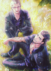 Rule 34 | 2boys, arm tattoo, black footwear, black gloves, black jacket, black pants, black shirt, brown eyes, brown hair, chinstrap beard, closed eyes, facial hair, final fantasy, final fantasy xv, from above, full body, gladiolus amicitia, gloves, hair slicked back, highres, ignis scientia, jacket, jewelry, koro mma, long sleeves, looking at viewer, male focus, multiple boys, necklace, open mouth, outdoors, pants, scar, scar across eye, scar on face, scar on forehead, shirt, short hair, short sleeves, sideburns, sitting, smile, suit jacket, tattoo