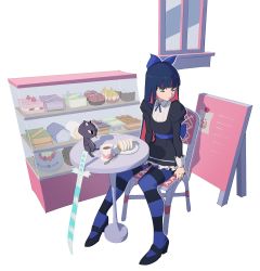 Rule 34 | 1girl, birthday cake, black dress, black footwear, black pantyhose, blue bow, blue eyes, blue hair, blue pantyhose, blue sash, bow, bright pupils, cake, cake slice, chair, colored inner hair, cup, dark blue hair, display case, dress, expressionless, food, frilled dress, frills, full body, gothic lolita, hair bow, highres, hime cut, honekoneko (psg), lolita fashion, long sleeves, looking at viewer, mary janes, menu board, multicolored hair, panty &amp; stocking with garterbelt, pantyhose, pastry, pink hair, plate, psylduck, puffy long sleeves, puffy sleeves, sash, shoes, sitting, solo, spoon, stocking (psg), streaked hair, striped clothes, striped pantyhose, stuffed animal, stuffed cat, stuffed toy, swiss roll, sword, table, teacup, two-tone hair, two-tone pantyhose, weapon, white pupils, window
