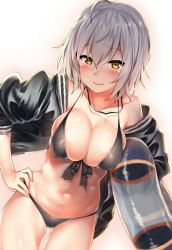 Rule 34 | 1girl, ahoge, bikini, black bikini, black jacket, blush, breasts, cleavage, closed mouth, collarbone, commentary request, cowboy shot, cropped jacket, cross, fate/grand order, fate (series), front-tie top, hair between eyes, highres, holding, holding swim ring, innertube, jacket, jeanne d&#039;arc alter (swimsuit berserker) (fate), jeanne d&#039;arc (fate), jeanne d&#039;arc alter (avenger) (fate), jeanne d&#039;arc alter (fate), jewelry, kawai (purplrpouni), large breasts, long hair, navel, necklace, solo, swim ring, swimsuit, yellow eyes